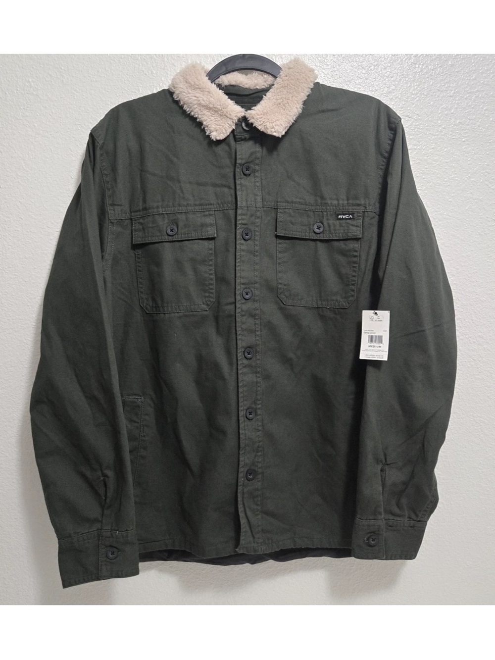 RVCA Olive Green Button-Up Jacket with Cream Sherpa Collar